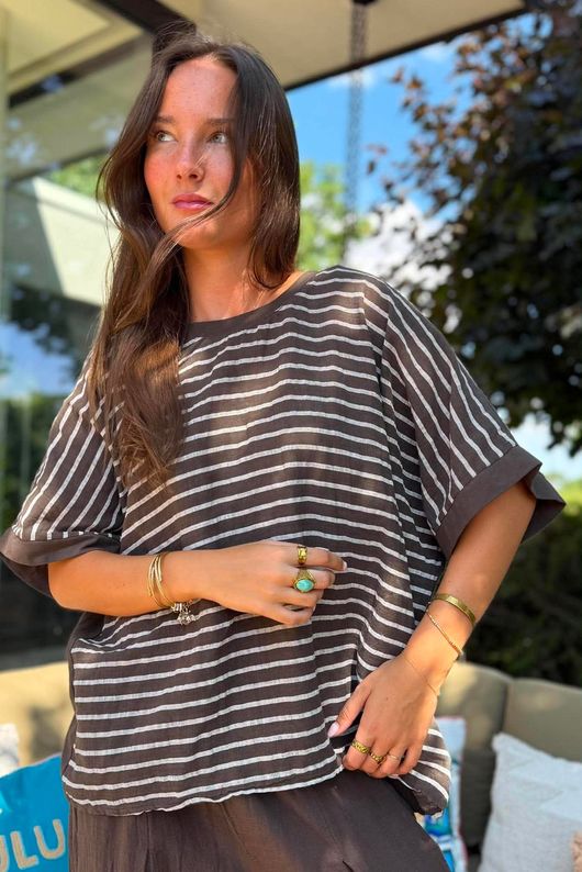 Below Deck Cheesecloth Stripe Tee Chocolate